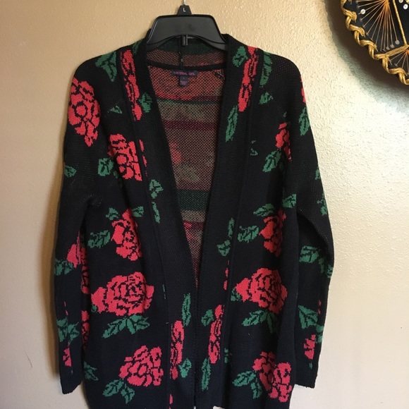 black cardigan with roses
